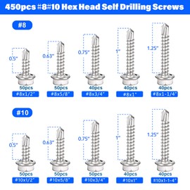 Trollug 450PCS Self Tapping Screws for Metal, 410 Stainless Steel Self Drilling Screws #8#10 Hex Head Sheet Metal Screws Assortment Kits, Length 1/2"" to 1-1/4' (Silver)