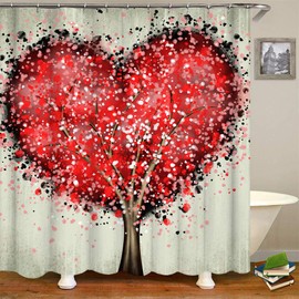 RyounoArt Tree of Life Shower Curtain Fabric Red Heart Shaped Bathtub Curtain Abstract Landscape Bathroom Curtain 12 Hooks 72"x72"