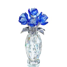 H&D Hyaline & Dora Gorgeous Blue Crystal Rose Flower Paperweight,Crystal Flowers Bouquet Collectible