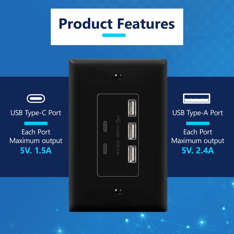 LIDER 6.0A 30W USB A&C in-Wall Charger, 3 USB Type-A