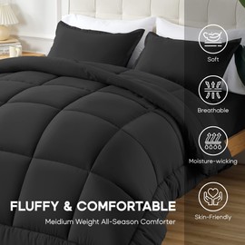 Sonive All Season Comforter Soft Fluffy Breathable Microfiber 200gsm Down Alternative Bedding Duvet Insert with 8 Corner Tabs Easy Care (Black, Full)