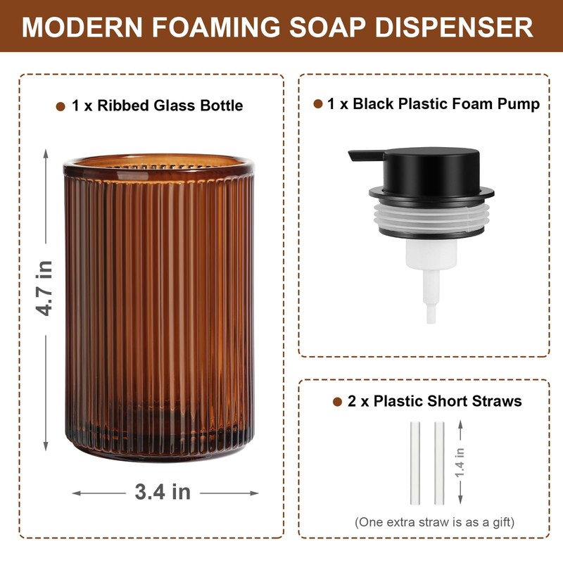 KASUNTING Amber Glass Foaming Soap Dispenser, Ribbed Foam Hand Soap