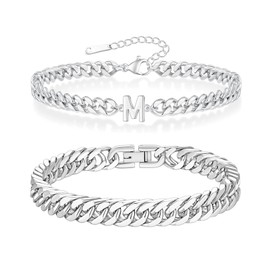 XSDSLS 2PCS Mens Silver Bracelets Stainless Steel Initial Letter Bracelet Cuban Link Chain Bracelet Jewellery Presents for Birthday Fathers Day Christmas Valentines Day (M)