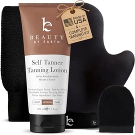 Self Tanner & Tanning Application Kit - Bundle of Sunless Tanning Lotion Made With Natural & Organic Ingredients, Exfoliation Mitt, Body and Face Appl