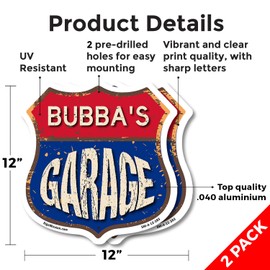 Bubba's Garage (2 Pack) 12 inch X 12 inch Shield-Shaped Rust-Free Aluminum Metal Signs Weather Resistant, UV Protected To last, Gift for Dads and Uncles Classic Americana Crafted in the USA
