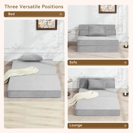 Folding Sofa Bed Convertible Floor Couch Foldable Chair Bed with Pillow, Linen Sleeper Chair Futon, Foldable Memory Foam Mattress for Bedroom/Living Room/Dorm/Office (Light Grey, Standard Twin)