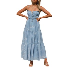 ebossy Women's Cut Out Ruffled Long Boho Dress Sexy Spaghetti Straps Open Back Flowy Sundress (Medium, Blue)
