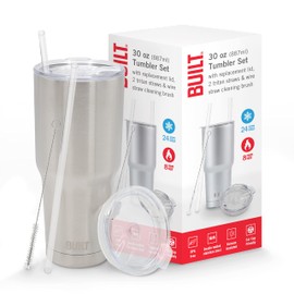 BUILT Double Walled Stainless Steel Tumbler Set with Replacement Lid, 2 Reusable Tritan Wire Straw Cleaning Brush in Gift Box, 1 Count (Pack of 1), Silver