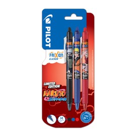 Pilot x NARUTO - 3 FriXion Ball Clicker Pens, Black, Blue, Red - Erasable Pens - Limited Edition Naruto Shipudden - Retractable Rollerball Pens - Medium Point