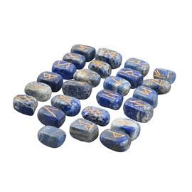 Blessfull Healing Lapis Lazuli Tumbled Gemstone with Carved Rune Words Telling, Crystal Healing Reiki Runes Stones Set (25 Pieces)