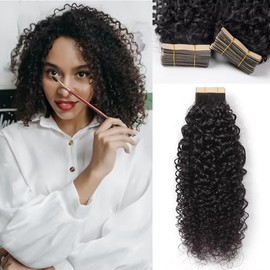 YDDM Black Women Tape Extensions, Real Hair, Black, Kinky Curly Tape-In Hair Extensions, Real Hair Tapes, Invisible Extensions, Real Hair, Tape Extensions, Real Hair, 12 Inches, 20 Pieces, 30 g