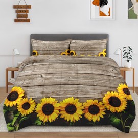 VAKADAKA 3Pcs Full Size Comforter Set, Rustic Sunflower Wooden Wood Flower, Bedding Decor Yellow Summer Floral Leaf for Kids and Adults, Soft Cozy Bedroom Bed Set