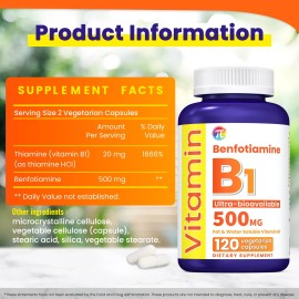 π Benfotiamine 500mg, 120 Vegetarian Capsules – Fat & Water Soluble Vitamin B1