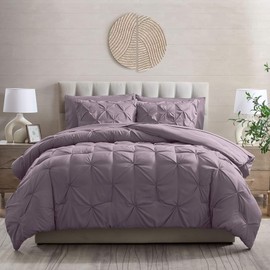 7 Piece Bed in Bag Lightweight Comforter Set Cal.King Size with Pretty Pinch Pleated Design | All Seasons Shabby chic Bedding Purple Lilac plum Color Soft Plush Cozy Feel Cottagecore Farmhouse Look