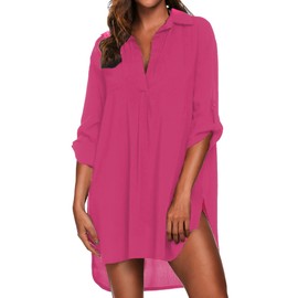 Ekouaer Beach Cover Ups for Women V Neck Bathing Suit Cover Up Bikini Swimsuit Coverup Beach Dress Shirt Hot Pink