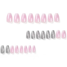 BAOYAALIN French Gradient Pink White Press on Nails Short Medium Coffin Ombre Fake Nails with Glitter Design Glue on Nails for Women Girls Acrylic Ballerina False Nails Stick on Nail for Wedding 24Pcs