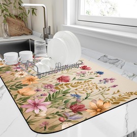 Colorful Wildflowers Dish Drying Mat Meadow Flowers Floral Kitchen Mat 16"x24" Bsorbent Coffee Maker Mat for Dishes,Utensils Coffee Maker Pots and Pans Easy Clean Dish Slip Resistant Pad
