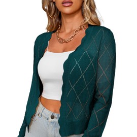 CARDYDONY Women's Long Sleeve Cropped Cardigan Sweaters Open Front Hollow Out Shrugs Dark Green M