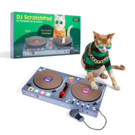 DJ Scratchpad by Relatable, Enrichment Cat Toys And Kitten Toys For Your Furry Friends, Cat Tree Essentials, Includes Box With 2 Scratch Wheels, 1 Plastic Ball With Bell, And Attached Microphone Plush