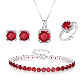 EVER FAITH Wedding Bridal Jewelry Set for Bride Bridesmaid, Red Cubic Zirconia Women Pendant Necklace Stud Earrings Tennis Bracelet Adjustable Ring Gifts for Valentine's Day/Mother's Day Chirtstmas