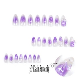 Press on Nails Medium Crystal 3D Butterfly Design False Nails Artificial Acrylic Nails Purple Smudge Fake Nails Almond Shaped Nails 24Pcs Full Cover Reusable Coffin Nails Glue on Nails for Women Kit