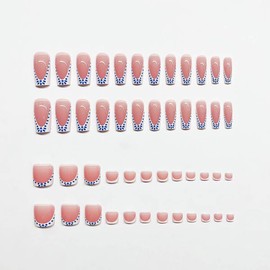 Press on Nails Medium Square & Press on Toenails Set, White French Tip Fake Nails with Blue Spots Design Glue on Nails Pink Press on Toe Nails Full Cover Stick on Nails for Women Manicure 48Pcs