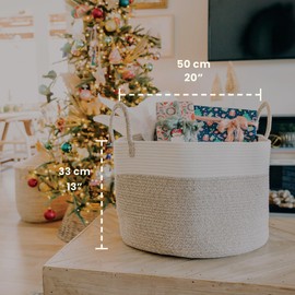 OrganiHaus Large Woven Storage Basket for Blankets and Toys 20" x 13" Inch, Rope Laundry Basket with Handles, Cushions & Pillows Storage Bin, Nursery Hamper, Soft Round Dog Toy Bin - Brown/Off-White