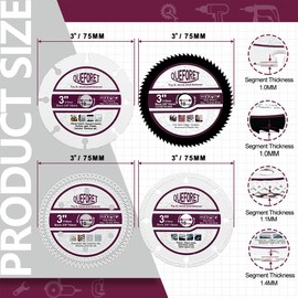 QUEFORET 75mm Saw Blades Set 4pcs - Carbide Blade for Wood Rubber, HSS Blade for Soft Metal, Diamond Tile Saw Blade for Ceramic, Diamond Steel Saw Blade for Rebar, with 10mm Arbor