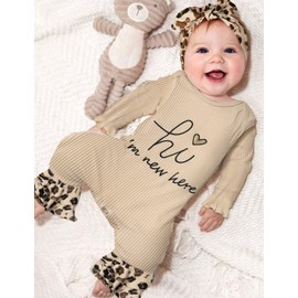KANGKANG Baby Girl Clothes Preemie Clothes Girl hi I'm new here Ruffle Long Sleeve Onesie for Baby Girl Romper Leopard Print Flare Bell Bottom Jumpsuit with Headband Hat Beige
