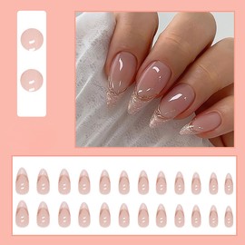KTAABTR French Tip Press on Nails Medium Almond Shaped False Nails Nude Fake Nail with Design Pink French Tip Acrylic Nails for Women Girls DIY Manicure 24Pcs Reusable uñas postizas