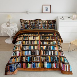 Feelyou Books Comforter Set Kids Vintage Library Bookshelf Comforter for Boys Girls Students School Bedding Set Duvet Set Room Decor Quilt Queen Size Boys
