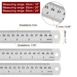 HARFINGTON 3pcs Stainless Steel Ruler 16 Inch 40cm & 20 Inch 50cm & 24 Inch 60cm Metric English with Conversion Table Metal Ruler Straight Edge Millimeter Ruler Measure for Measuring Drawing