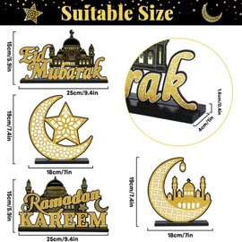 Wiooffen 4Pcs Ramadan Mubarak Table Centerpiece Decorations Eid Mubarak Wooden Table Signs Ramadan Kareem Tabletop Set Eid Al Fitr Moon Star Wood Table Decor for Home Kitchen Party(Black Gold)