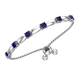 Solid Sterling Silver Adjustable Bolo Bracelet with 2.1 Carat Lab-grown Blue Sapphire with Adjustable Ball Bead, High Polished 4mm Blue Sapphire Gemstones