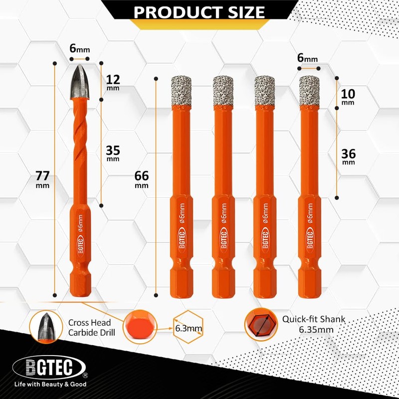 BGTEC Dry Diamond Drill Bits Set-4pcs 1/4" Tile Drill Bit