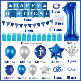 1st Birthday Decorations for Boys,First Birthday Party Decoration with Baby Month Photo Banner, Blue Silver Latex Balloons,Happy Birthday Banner,Star Foil Balloons for Boy Baby Shower