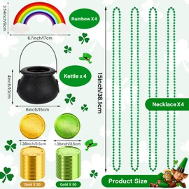 112 Pcs St. Patrick's Day Decorations Set, Black Mini Candy Cauldron Kettle Pot of Gold Buckets, Green and Gold Lucky Shamrock Plastic Coins Bead Necklace Rainbow for Irish St Patrick Day Party Favor