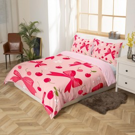 Feelyou Bow Bedding Set for Girls Boys Kids Full Size Cheery Comforter Cover Set Room Decor Cute Duvet Cover Hot Pink Bedspread Cover,No Comforter