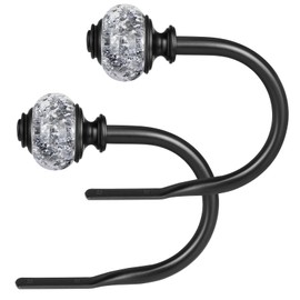 2 Pack Curtain Holdbacks, USFOOK Black Decorative Window Drapery Tiebacks (2 Pack/1 Pair), Curtain Tie Back Hooks for Wall with Translucent Finials (3.95" L x 3.4" W)