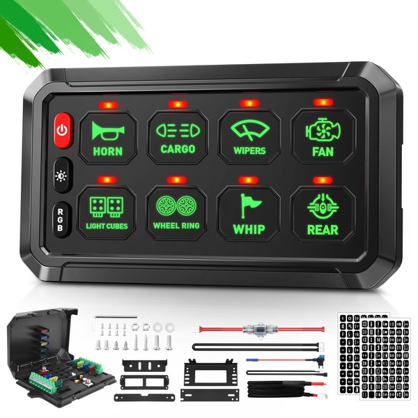 Green 8 Gang Switch Panel, Momentary ON-Off Touch Switch Box