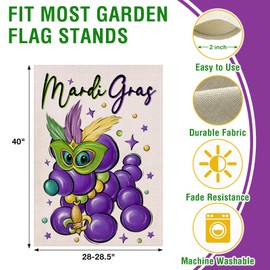 Artofy Mardi Gras Purple Bead Dog Large Decorative House Flag, Mask Feather New Orleans Carnival Yard Garden Outside Decor, Fleur De Lis Masquerade Burlap Outdoor Home Decoration Double Sided 28 x 40