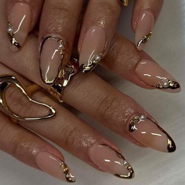 IQXGE French Tip Press on Nails Almond Medium Pink Glossy Fake False Nails Press ons Full Cover Artificial Stick Glue on Nail Gold Line Pearls Rhinestones Design Fake Nail 24Pcs Reusable for Women