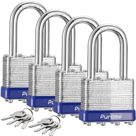 Puroma Lock 4 Pack Padlocks, 1-1/2” Long Shackle Heavy-Duty Locks with 8 Keys, 40mm Hardened Steel Keyed Alike Padlocks for Sheds, Gates, Fences, Toolbox, Outdoor and Indoor Use（Silver）