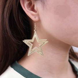 Cimenexe Bohemian Star Earrings Dangle Gold Hollow Star Drop Earrings Large Hammered Star Hook Earrings Statement Metal Star Earrings Jewellery for Women and Girls Gifts, Zinc, No Gemstone