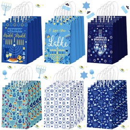 Outus 24 Pcs Hanukkah Gift Bag Bulk Chanukah Party Favor Bags with Handles Jewish Menorah Paper Goodie Bags Blue star of david Dreidel Candy Treat Bags for Happy Hanukkah Party Decorations Supplies