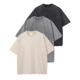 Arssm 3 Pack Men Oversized T Shirts Vintage Tee Loose Fit Short Sleeve Casual Streetwear Baggy Washed Unisex Tops(BlackGreyBeige-M)