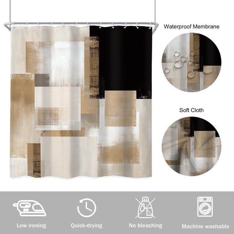 Black Brown Abstract Geometry Modern Tan Bathroom Shower Curtain Set
