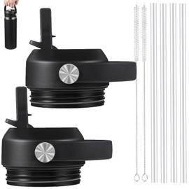 Straw lid for Yeti Rambler 18 26 36 64 oz, Lid with Straws and Flexible Handle, Replacement Cap for Yeti 18oz 26oz 36oz 64oz Rambler Water Bottle Straw Cap (Black - 2 Pack)