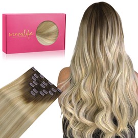 WENNALIFE Clip in Hair Extensions Real Human Hair, 16 Inch 120g 7pcs Human Hair Extensions Clip In Human Hair, Balayage Light Ash Brown to Light White Blonde Hair Extensions Clip In Real Hair Coloured