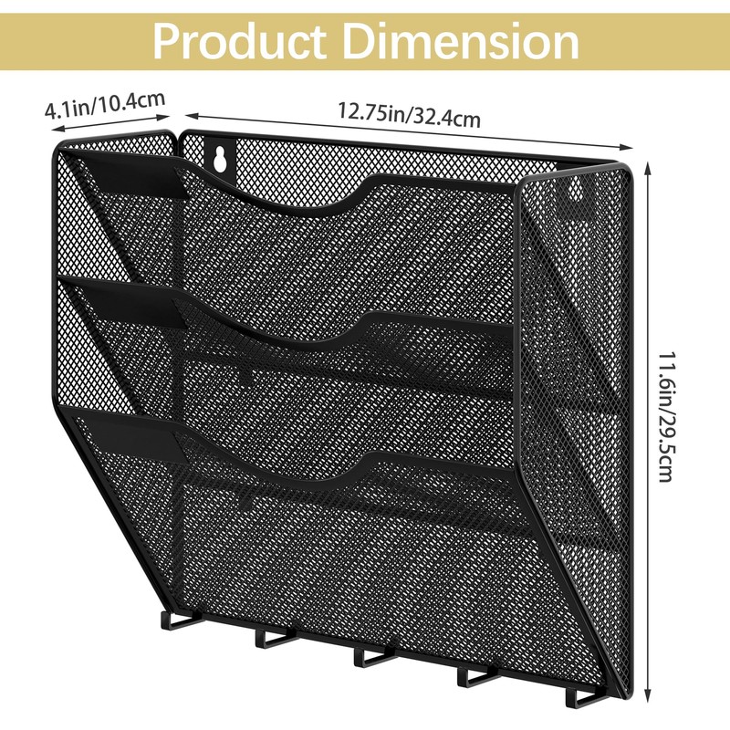 EasyPAG 3 Pocket Mesh Wall File Organizer with Key Hooks,